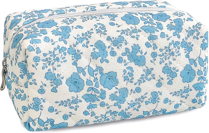 Necessaire de maquiagem STARDW com estampa floral azul, zíper e forro de lona