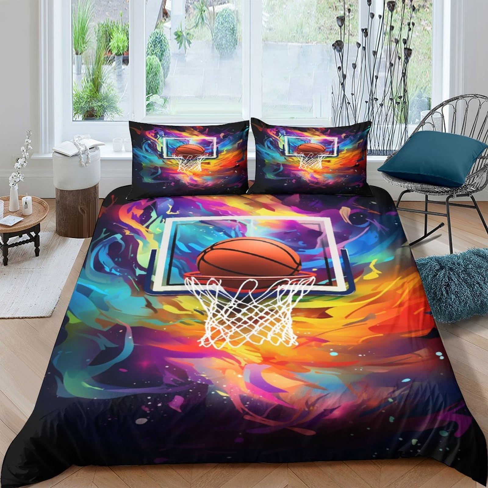 GPLZQXKJNH 3D Printed Basketball Hoop Duvet Cover Microfiber Colourful Splash Quilt Cover Set with 2 Pillowcases for Bedroom Decor Single（135x200cm）