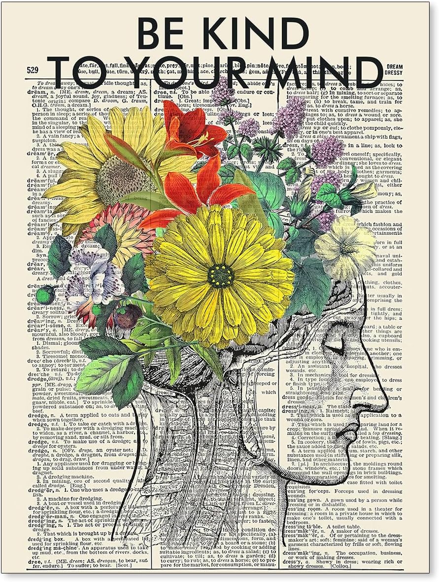 Póster con frase «Be Kind To Your Mind», lienzo de salud mental, arte de pared, cuadros de periódicos vintage, flores para apartamento, dormitorio,