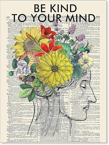 Póster con frase "Be Kind To Your Mind", lienzo de salud mental, arte de pared, cuadros de periódicos vintage, flores para apartamento, dormitorio,