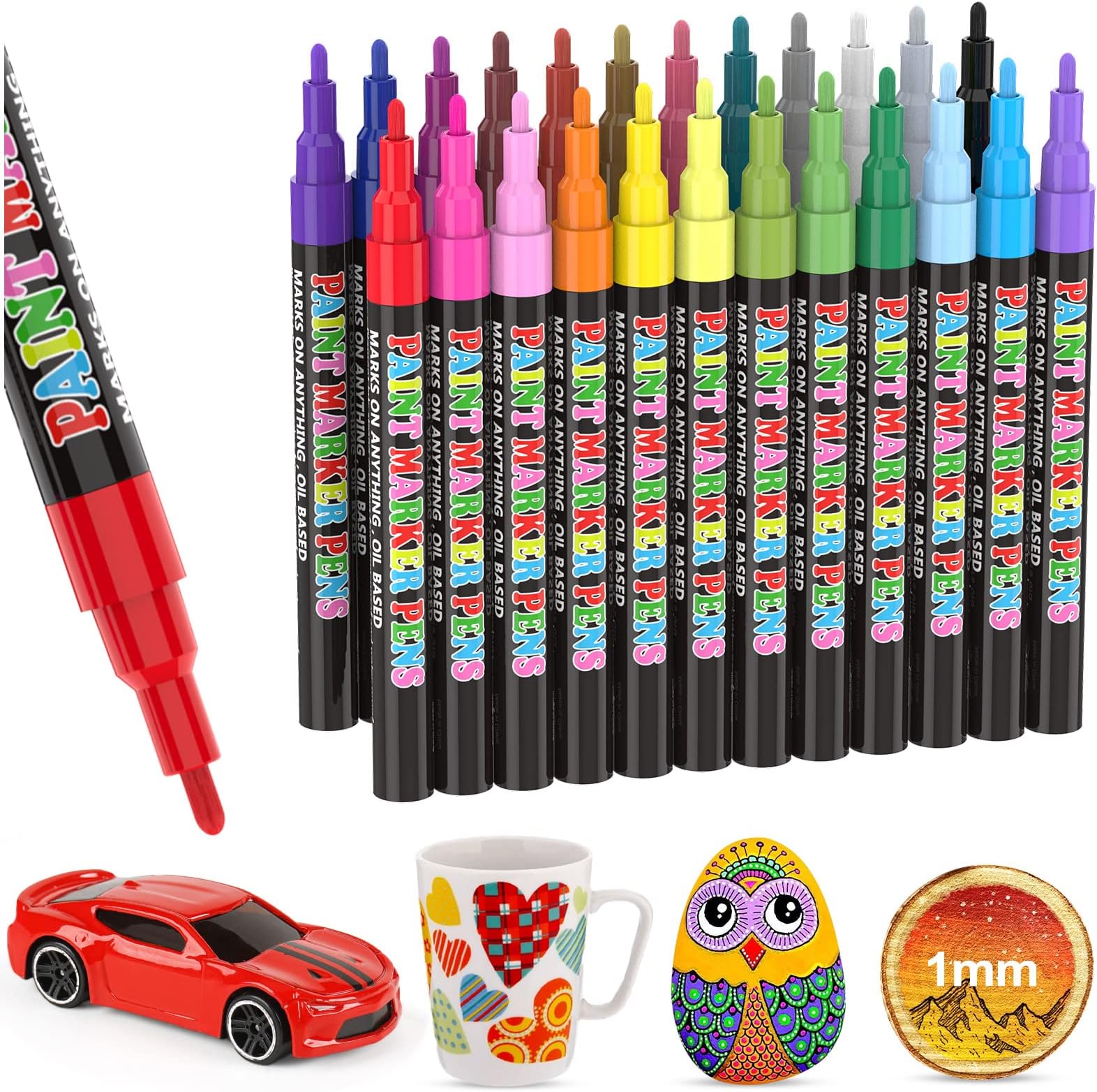 Paint Marker Pens, 24 Colors Fine Point Oil-Based Waterproof Fancy Markers, Quick Dry Permanent Push Pen for Engineer Fine Work, Mark Metal, Tire, Rock, Wood, Fabric, Canvas, Glass, DIY Craft