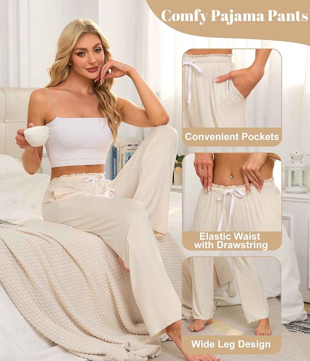 ANLIQI Women Pajama Pants Bamboo Rayon Comfy Lounge Pants Drawstring Pj Bottoms Loose Wide Leg Yoga Sweatpants with Pockets - Image 4