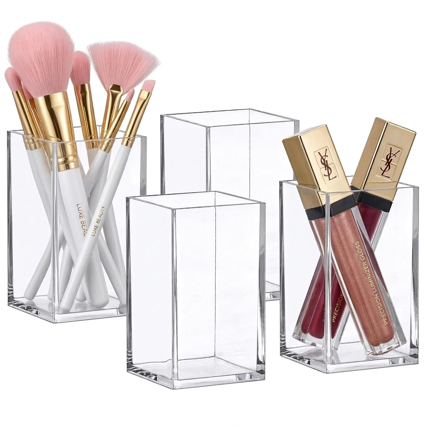 JIANGLAI Makeup Brush Holder with Lid, 360 Rotating Multifunction Clear Dustproof Skincare Cosmetic Tools Storage Organizer for Vanity Desktop Bathroom Countertop (White)