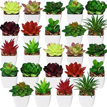 Yunlly 24 Pcs Artificial Succulent Plants in Pots Mini Fake Succulents Potted Small Tiny Plant Decoration for Home Office Desk Window Bathroom Bedroom Outdoor Indoor