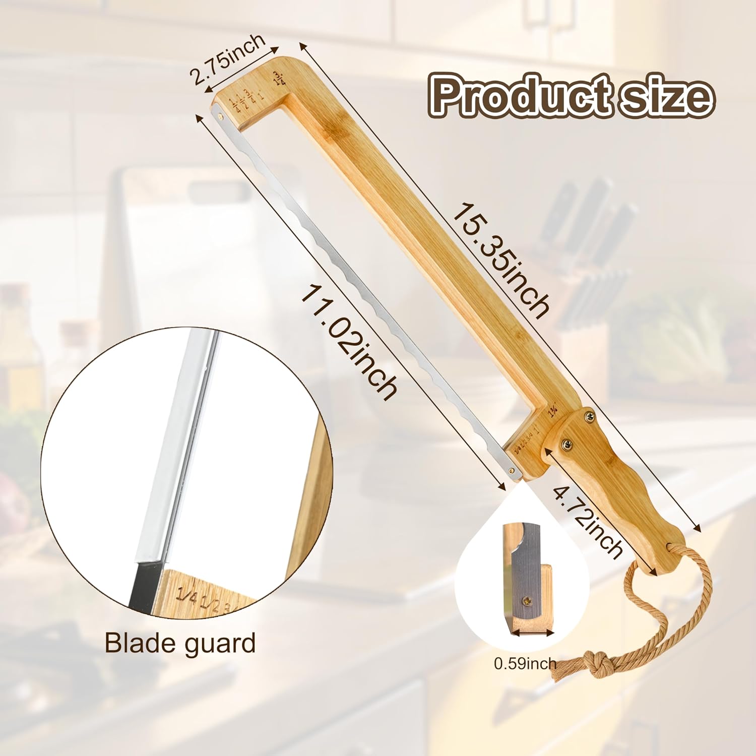 Bread Knife for Homemade Bread with 4 Thickness Guides & Ergonomic Offset Handle, Sourdough Slicer for Bagels and Baguettes, Bow Cutting Knife with Stainless Steel Serrated Saw
