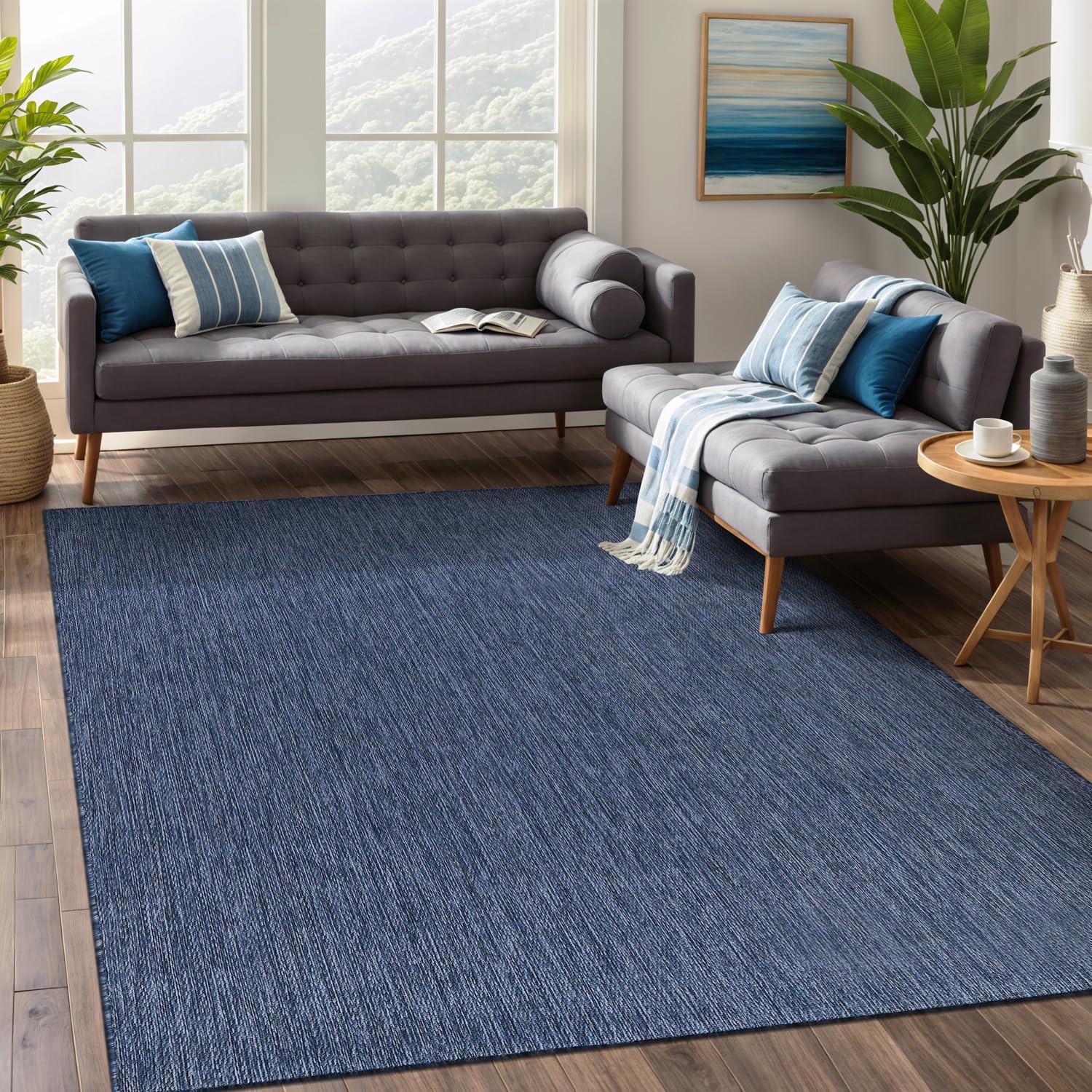 Beverly Rug Indoor Outdoor Rug 5x7, Washable Outside Carpet for Patio, Deck, Porch, Solid Modern Area Rug, Water Resistant, Azure Blue