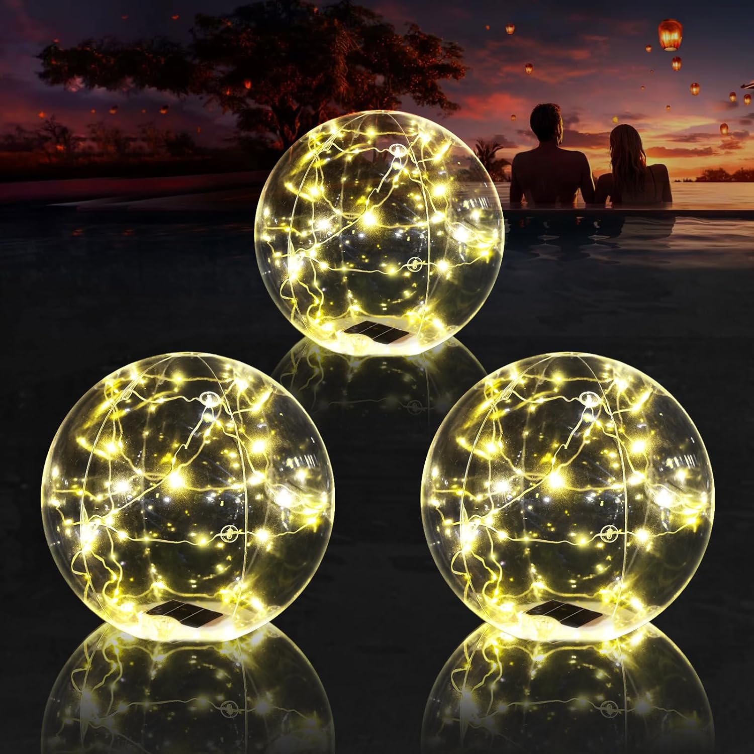 Floating Pool Lights, 15 Inch Warm White Solar Pool Light that Float, IP68 Waterproof Inflatable Light Up Pool Balls, Float or Hang Solar Floating Lights for Pool, Wedding, Party Decor - 2PC