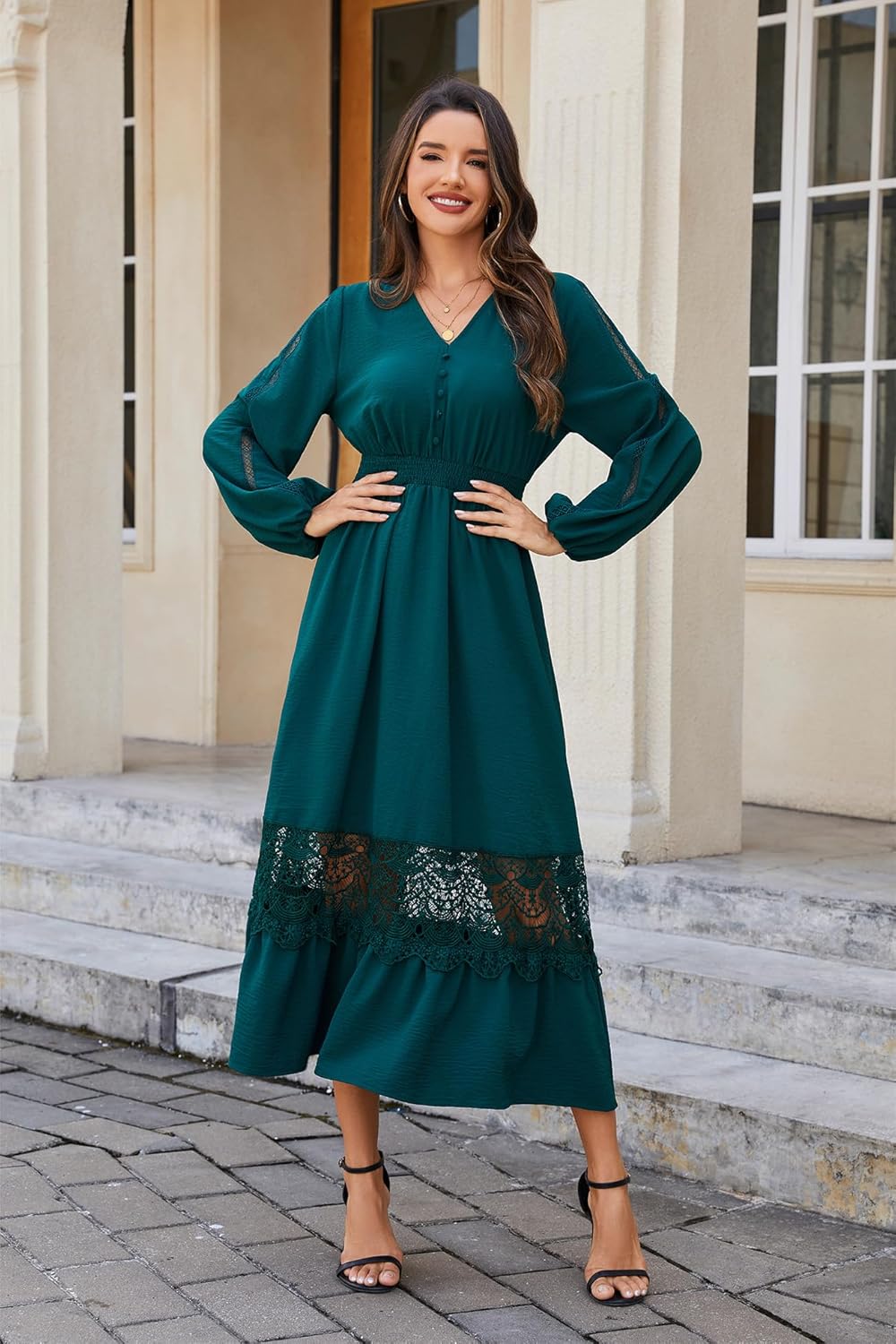 Women's Long Sleeve Boho Maxi Dress 2026 V Neck Smocked Elegant Long Dresses with Pockets for Wedding Guest Vacation - Image 6