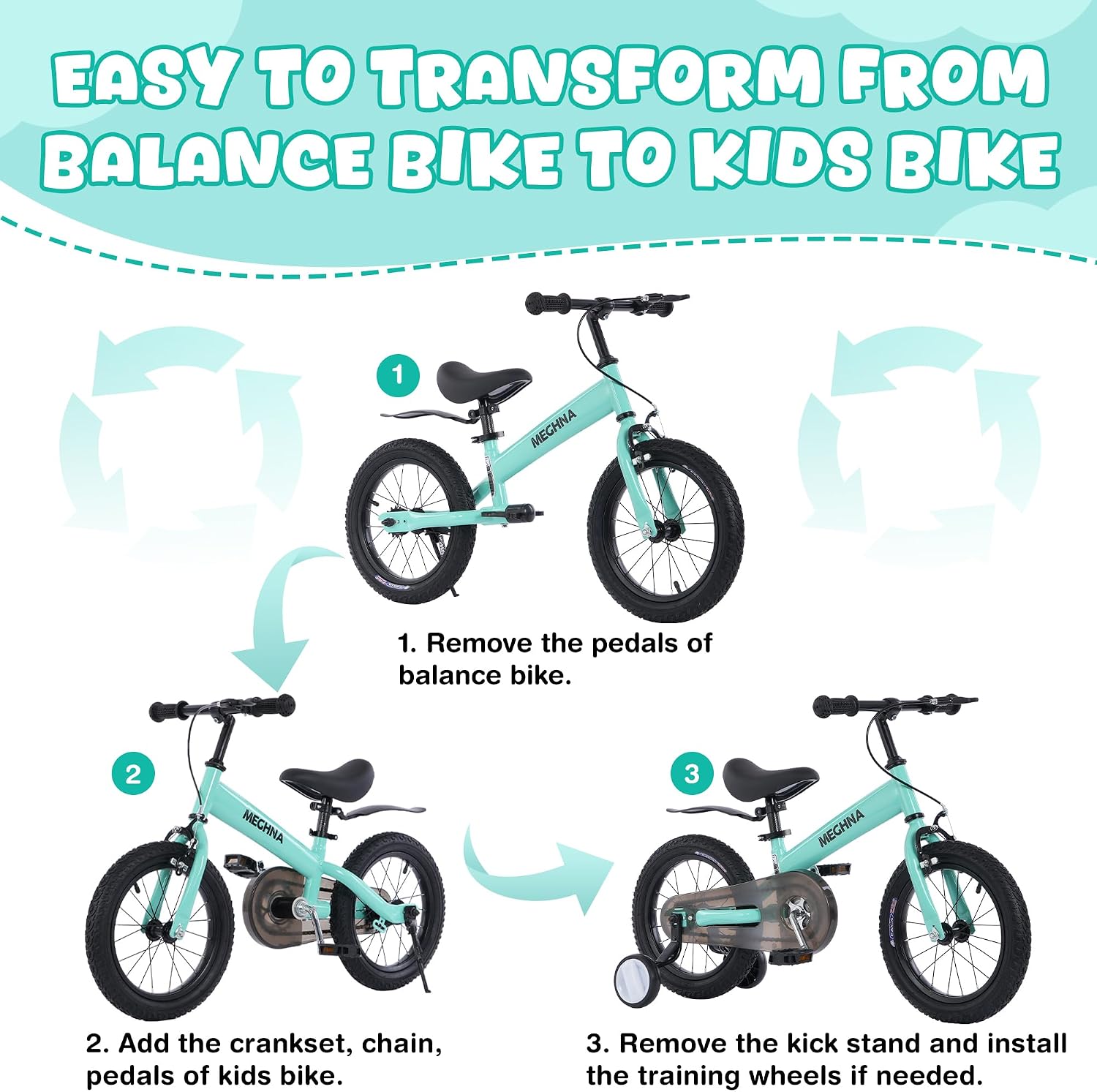 2 in 1 Toddler Balance Bike 14 inch Wheel Kids Bike Aged 3-7 Years Old with Footrest Detachable Training Wheels Caliper and Coaster Brake Strider Bike for Boys Girls, Easy to Assembly