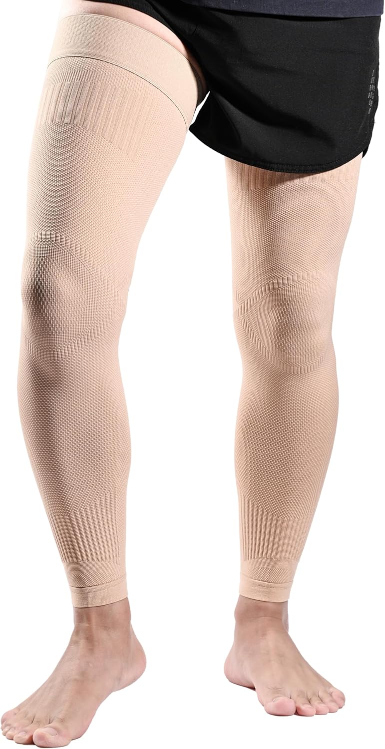 Full Leg Compression Sleeves for Men Women, Long Compression Knee Sleeves, Knee Braces Support for Knee Pain Relief, Arthritis, Muscle Recovery, Swelling, Inflammation, Basketball, Workout, Beige XL