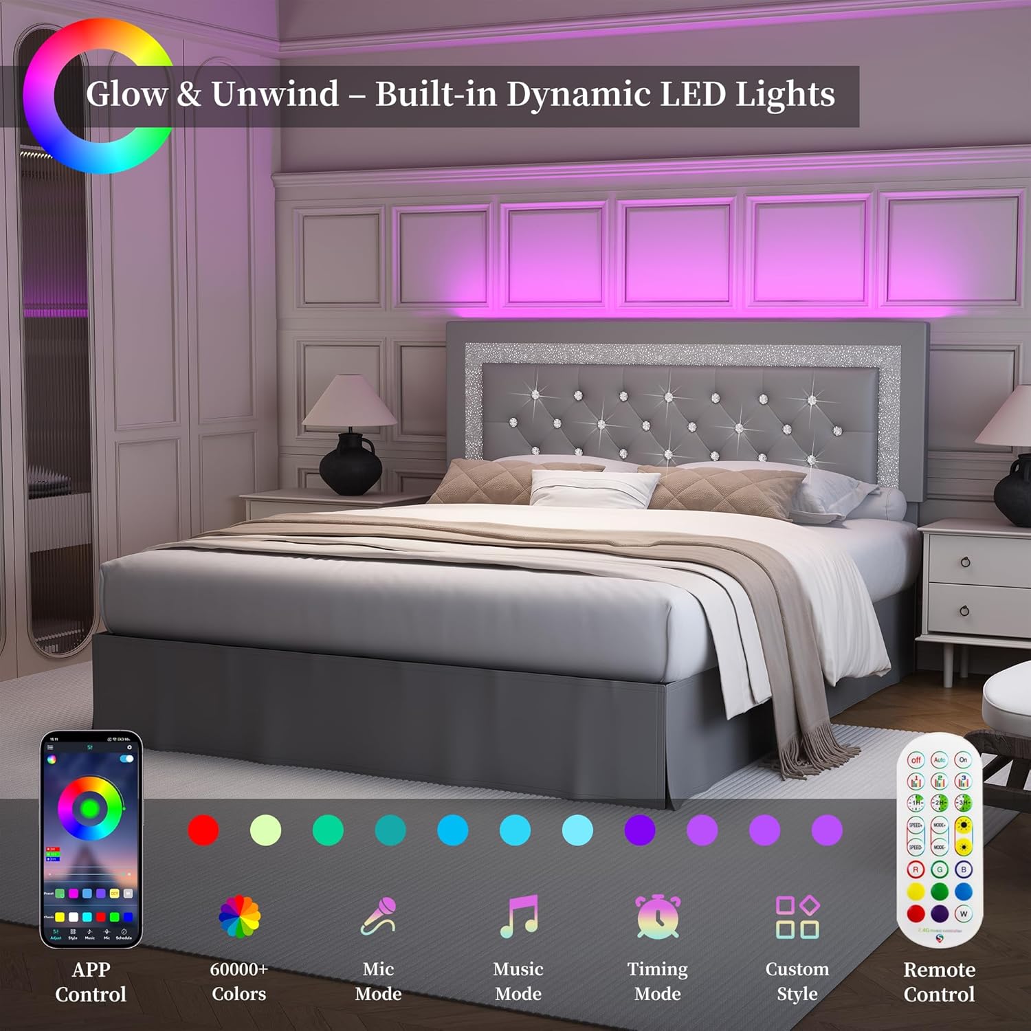 SIBEDS Queen Bed Frame with Adjustable Headboard, Upholstered Platform Bedframe with LED Lights and Skirt, Diamond Button Tufted Mattress Foundation with Wooden Slats Support, Easy Assembly, PU Grey