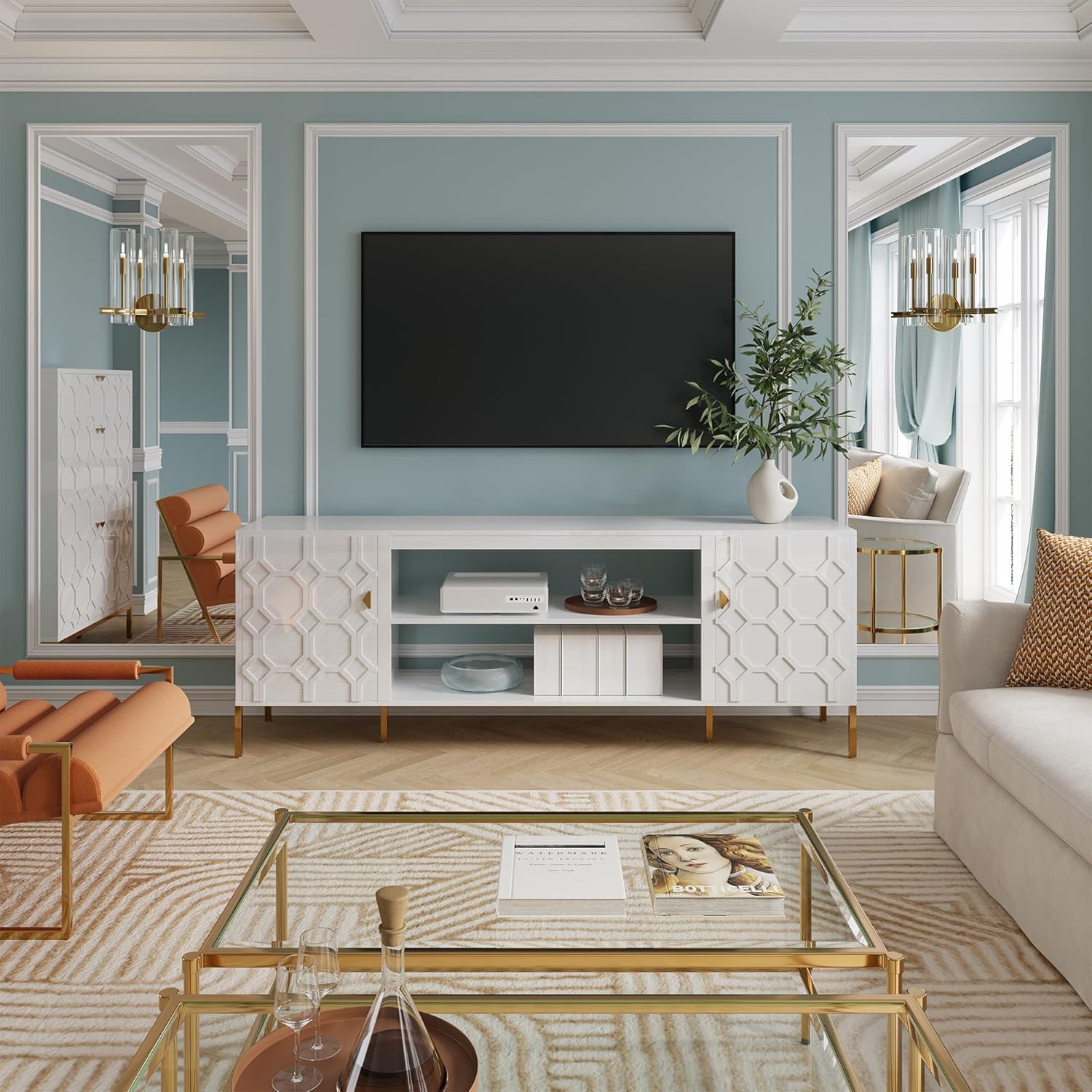 Clihome TV Stands for Living Room, 70'' TV Stand Cabinet for TVs Up to 80 Inchs, Entertainment Center with Storage, White