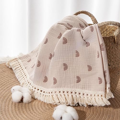 Vista 3 de insular Manta de muselina de algodón para bebé con borla, manta bohemia bohemia de muselina para envolver con flecos, manta de decoración