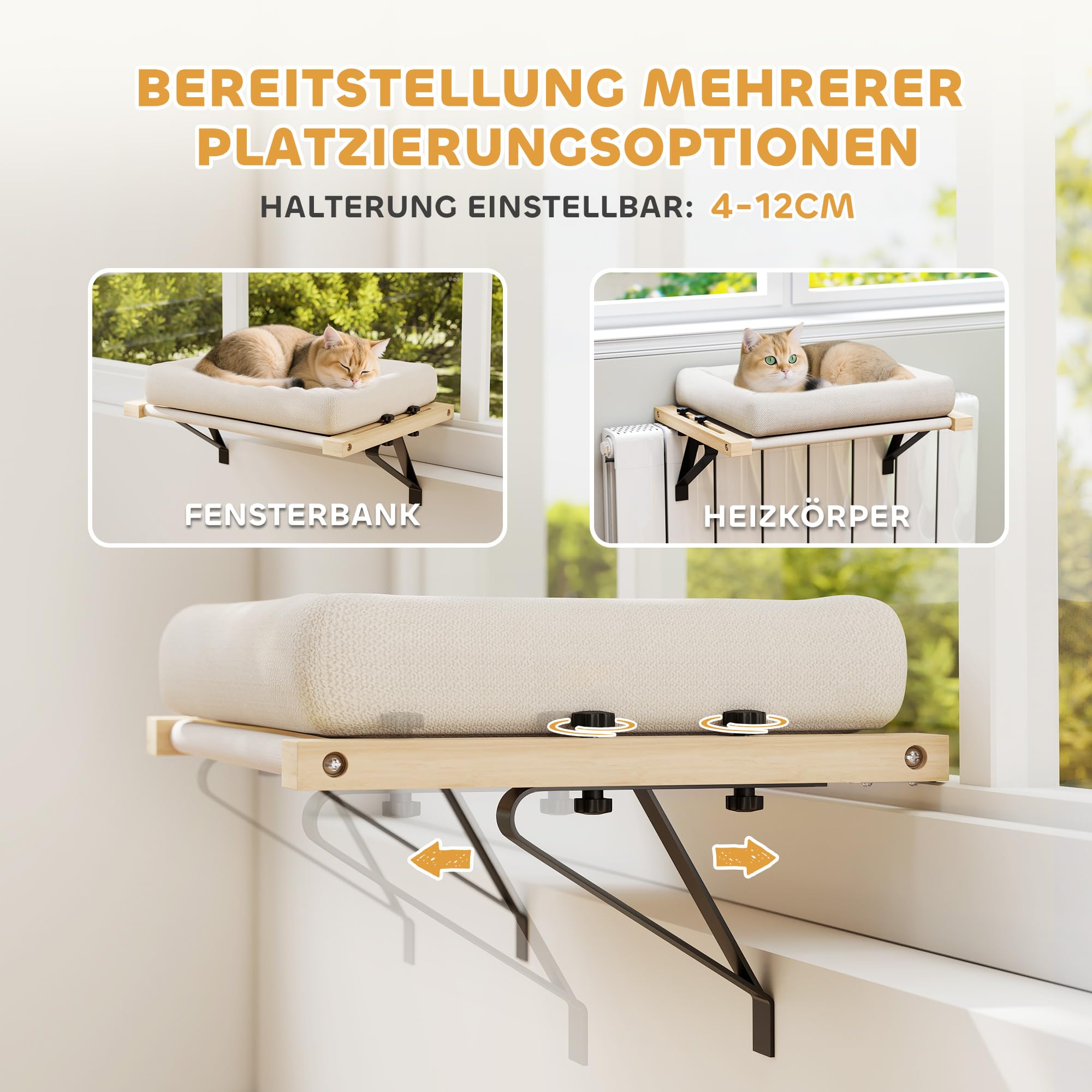 PawHut Heizungsliege, 50x36cm Katzen Katzenliege mit Verstellbarer Halterung, abnehmbarem, maschinenwaschbarem Kissen, Katzenbett Hängematte Heizkörper Katze, Cremeweiß