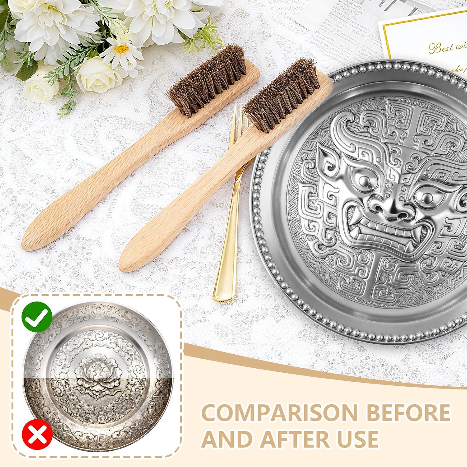 Horsehair Silver Cleaning Brush Set - 2PCS Detailing Brushes for Silverware & Jewelry - Gentle for Sterling, Cutlery, Metal & Antiques for Detail Work, Restores Deep Shine to Precious Items