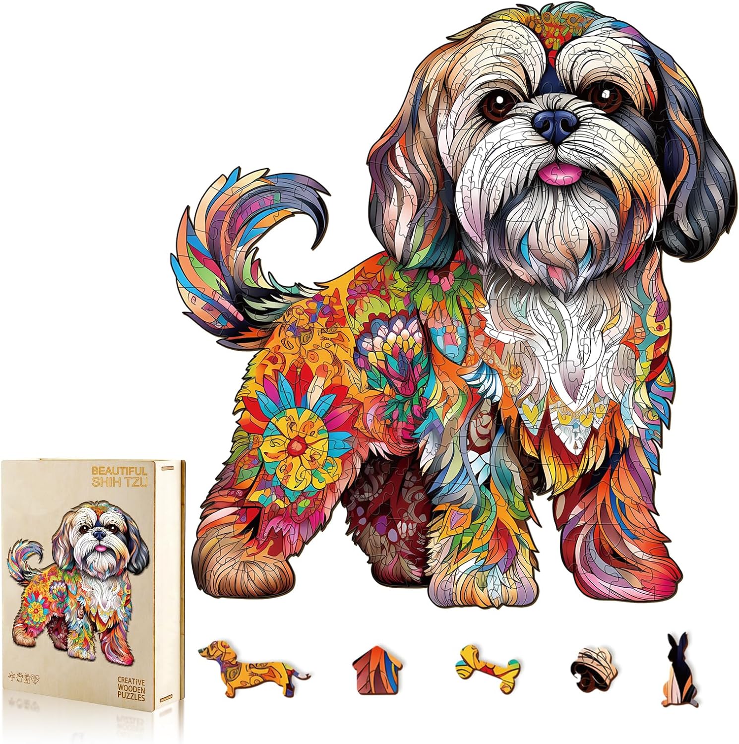Wooden Puzzles for Adult, Shih Tzu Dog Wooden Jigsaw Puzzle, Unique Wood Shape Cut Puzzle, Best Gifts for Puzzle Lovers (L-12.4 * 13.8in-260pcs)