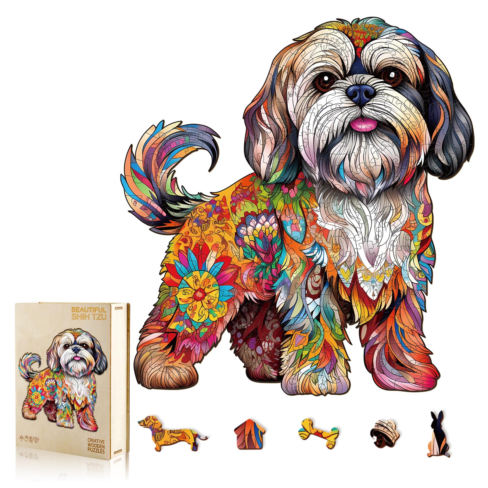 Wooden Puzzles for Adult, Shih Tzu Dog Wooden Jigsaw Puzzle, Unique Wood Shape Cut Puzzle, Best Gifts for Puzzle Lovers (L-12.4 * 13.8in-260pcs)