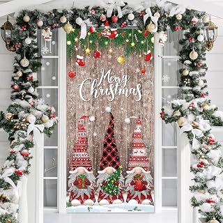 Christmas Door Cover Decor Merry Christmas Front Door Cover, Gnome Style | Christmas Door Banner, Fabric Glitter Wood Props, Xmas Snowflake Hanging Door Wrap for Photo Booth Props Party