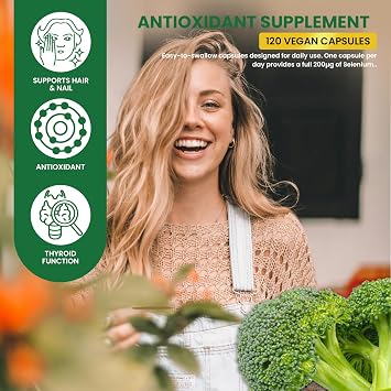 Selenium 200µg 120 Capsules - Essential Daily Antioxidant Mineral Supplement for Immune Support and Hair and Nail Care - Contributes to Normal Thyroid Function