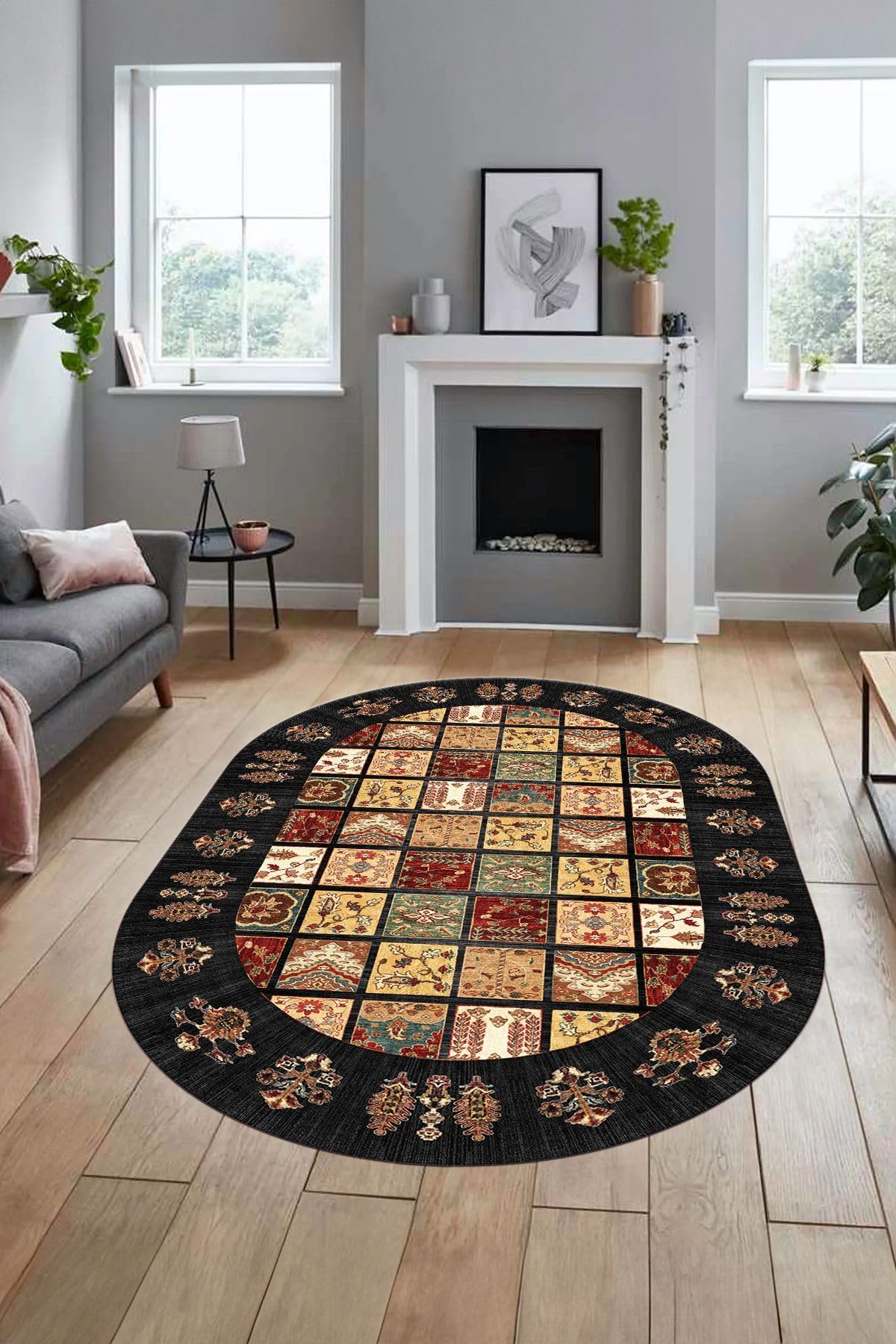 Evdeya Yeni Etnik Desen Kaymaz Taban Yıkanabilir Oval Yolluk Mutfak Salon Koridor Halısı O-ETNİK-18, Antrasit, 160 x 250