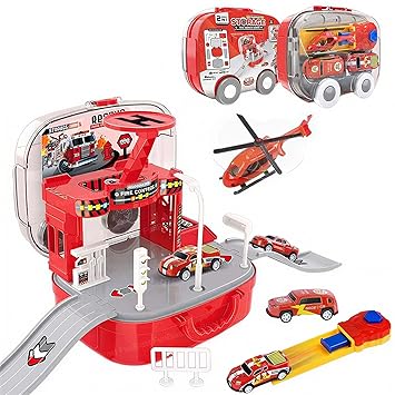 FunBlast Racing Track Toy - Fire Truck Toy Set in Portable Carry Case, Fire Rescue Vehicle Playset with Mini Die Cast Cars, Catapult Launcher & Storage Box for 3+ Years Kids