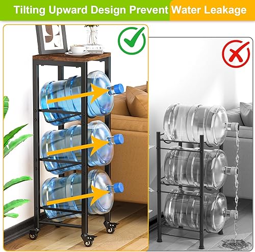 Miniatura 4 de Soporte para botella de agua de 5 galones, estante para jarra de agua de 3 niveles, soporte para jarra de agua con ruedas bloqueables, estante de
