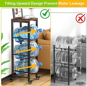 Mlinavn 5 Gallon Water Bottle Holder, 3-Tier Water Jug Rack,Water Jug Stand With Lockable Casters,Heavy Duty Water Storage Rack Water Dispenser Stand,Water Jug Holder For Kitchen,Office,Garage,Brown