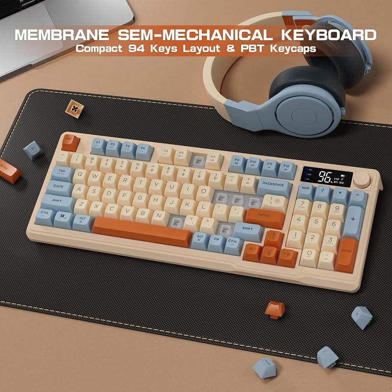 LexonElec M96 Vezeték Nélküli Gaming Billentyűzet - Bluetooth 5.0 & 2.4G Kettős Mód, Kijelzővel, PBT Keycap, 3000 mAh Akkumulátor, Kék