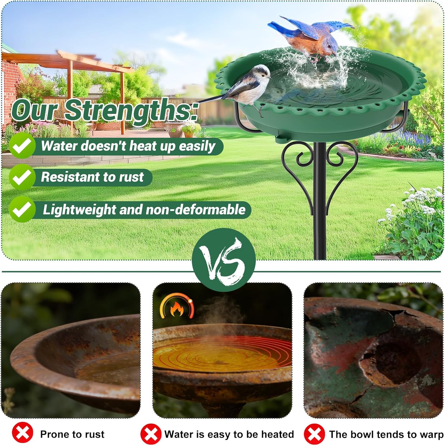 40In Bird Bath for Outside,Freestanding Birdbath & Birdfeeder with Metal Stake,Vintage Birdbaths Water Bowl with 5 Prongs Base for Outdoor Garden Yard Decor (Green)