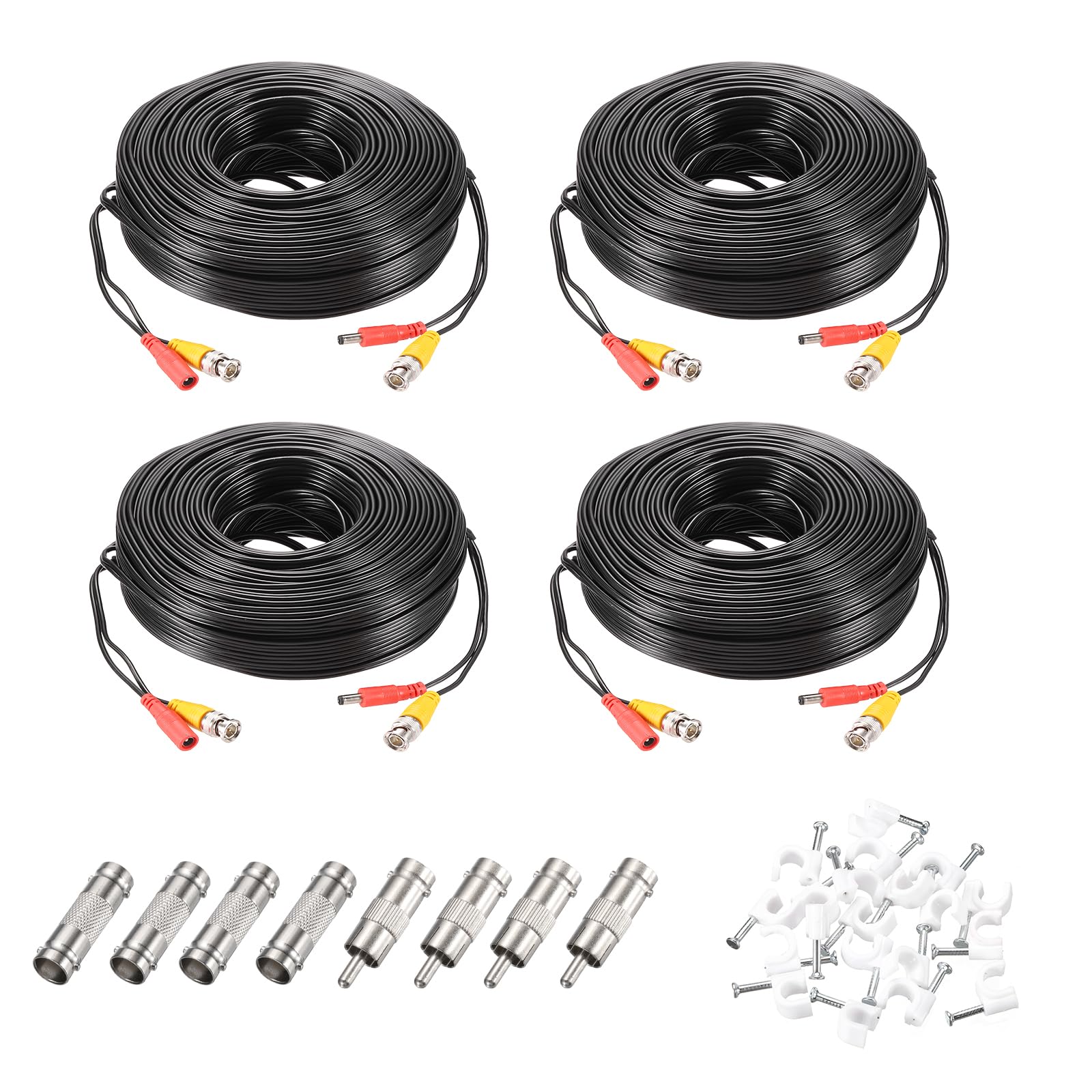 sourcing map BNC Video Power Cable,60m/197ft All-in-One Security Camera Wire Cord DC Extension Wire for CCTV Security DVR Camera System Installation Plug & Play Cord,4 Set Black
