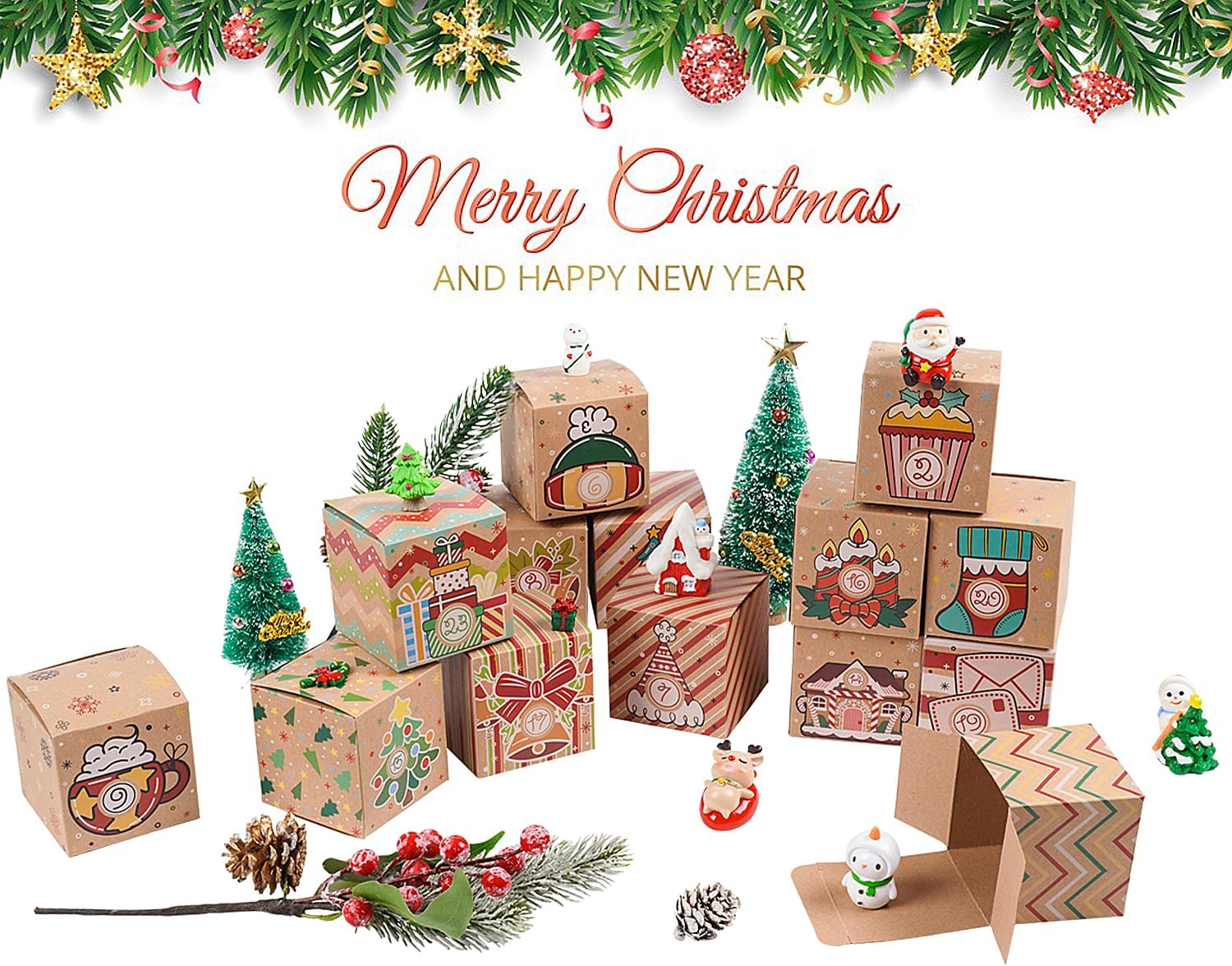 24 Pcs DIY Christmas Empty Advent Calendar 2025, 24 Days Cute Kraft Paper Cardboard Number Boxes Countdown Calendar Advent Xmas Gift Box for Kids Xmas Holiday Decor
