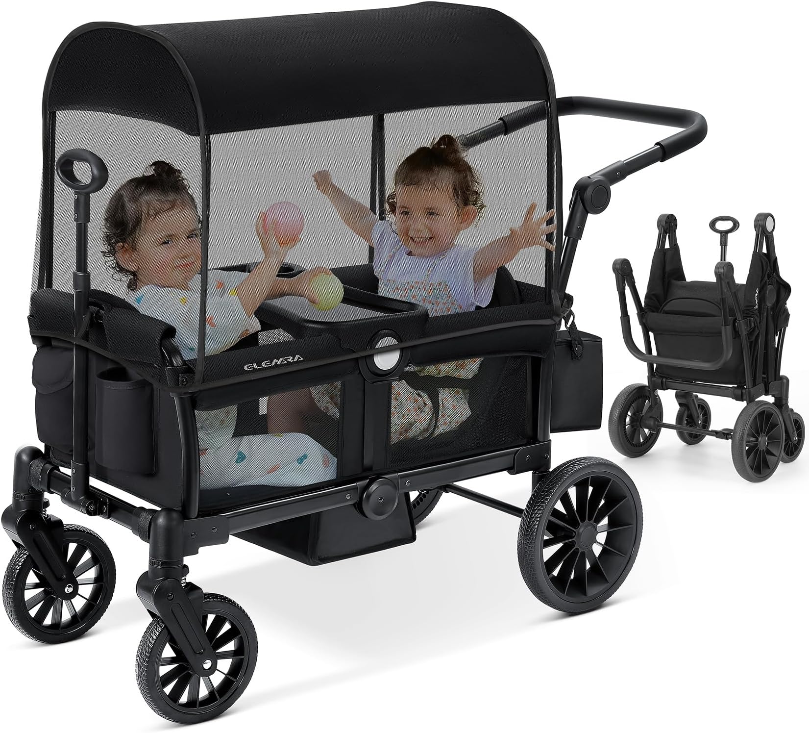 ELEMARA Stroller Wagon for 2 Kids, Foldable Wagon Stroller, Premium All Terrain Wagon for Kids, Kids Wagon Cart w/Removable Canopy, Adjustable Push/Pull Handle, Harnesses, Large Storage Bag, Black