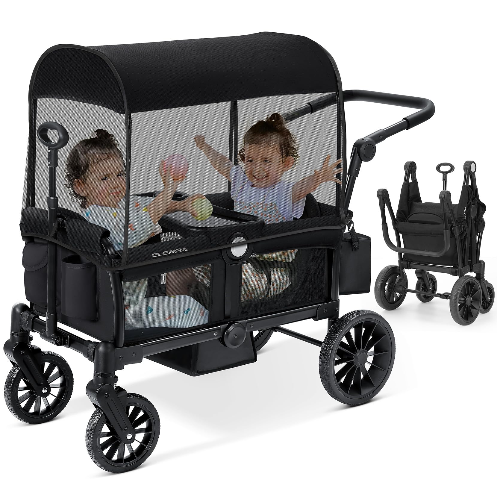 ELEMARA Wagon Stroller for 2 Kids, Premium All-Terrain Stroller with Canopy, Adjustable Push/Pull Handle Bar, Comfortable drop-down footwell and