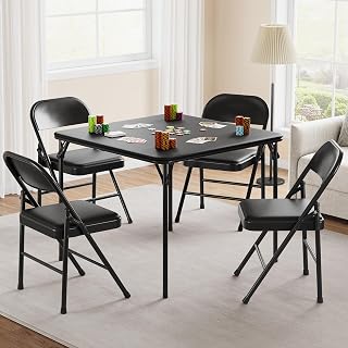 GarveeHome 5-Piece Folding Dining Table Set for 4, Black Foldtable Kitchen Table with Faux Leather Tabletop and 4 Padded Chairs, Space-Saving Design, Modern Square Table for Dining Room, Small Spaces
