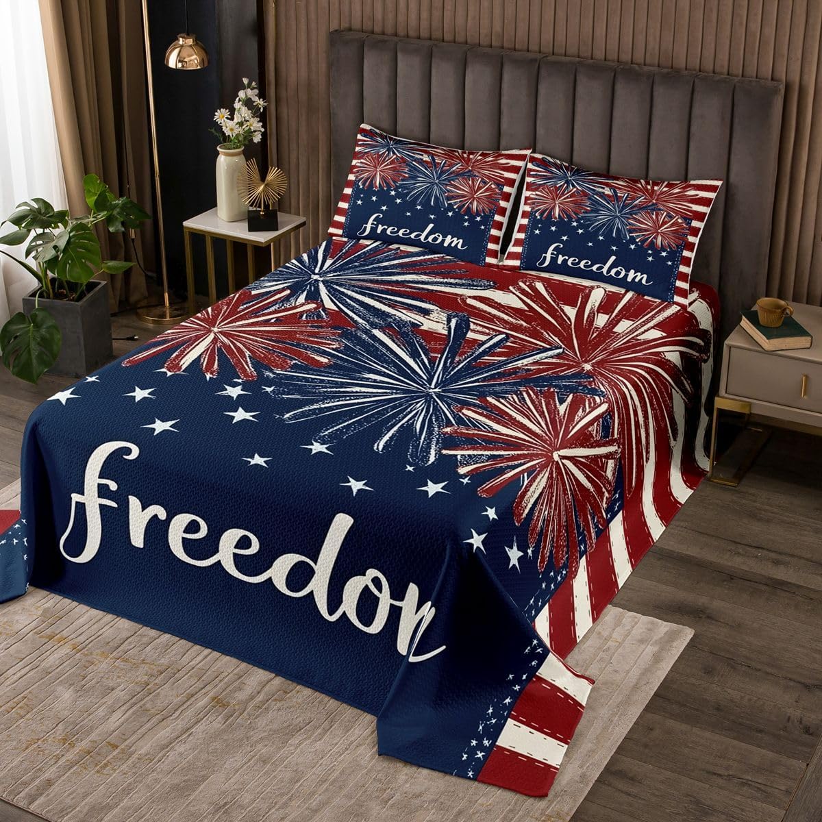 jejeloiu Independence Day Bedspread Quilts Fourth of July 4‌ Coverlet Set King Size for Kids Boys Girls Fireworks Quilted Coverlet for All Season with 2 Pillowcases Blue Red Microfiber