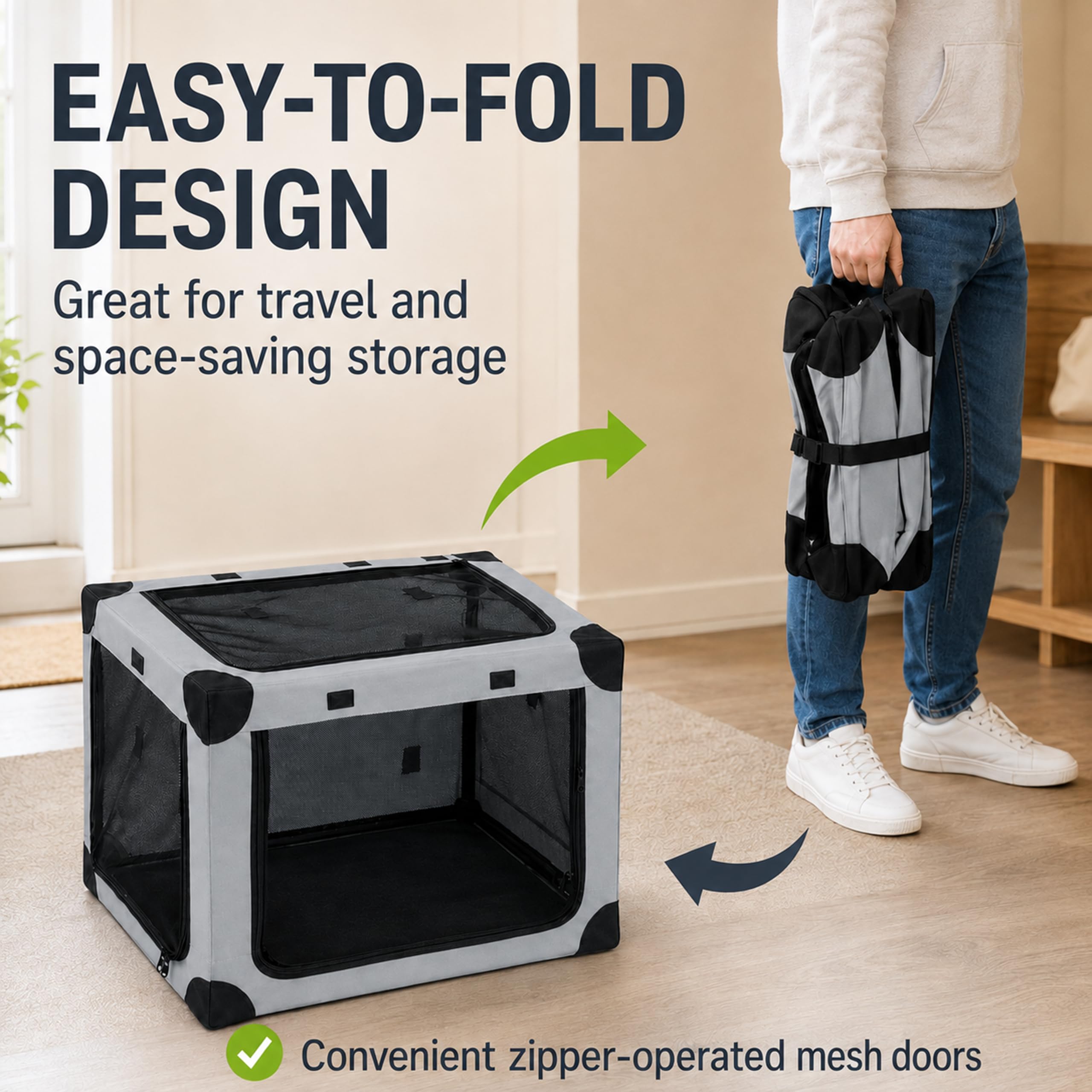 ALLUMK Cage de Transport Pliable Taille L pour Chiens Moyens et Chats | Maille renforcée à 3 portes, sangles de fixation auto, dimensions 81x59x59cm, adapté voiture, camping et visites vétérinaires