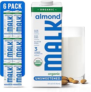 MALK Unsweetened Organic Almond Milk 32oz Pack of 6 - Shelf-Stable Vegan Dairy-Free No Gums Non-GMO for Coffee Smoothies Cereal