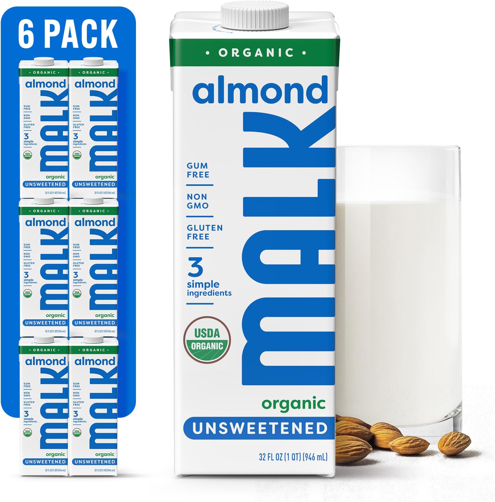 Almond Milk Unsweetened (32oz, Pack of 6) - Shelf Stable Organic Almond Milk, Non GMO, Whole 30, Dairy Free, Vegan, Plant Based, No Gums or Fillers - Malk for Smoothies, Cereal, Coffee,Creamer