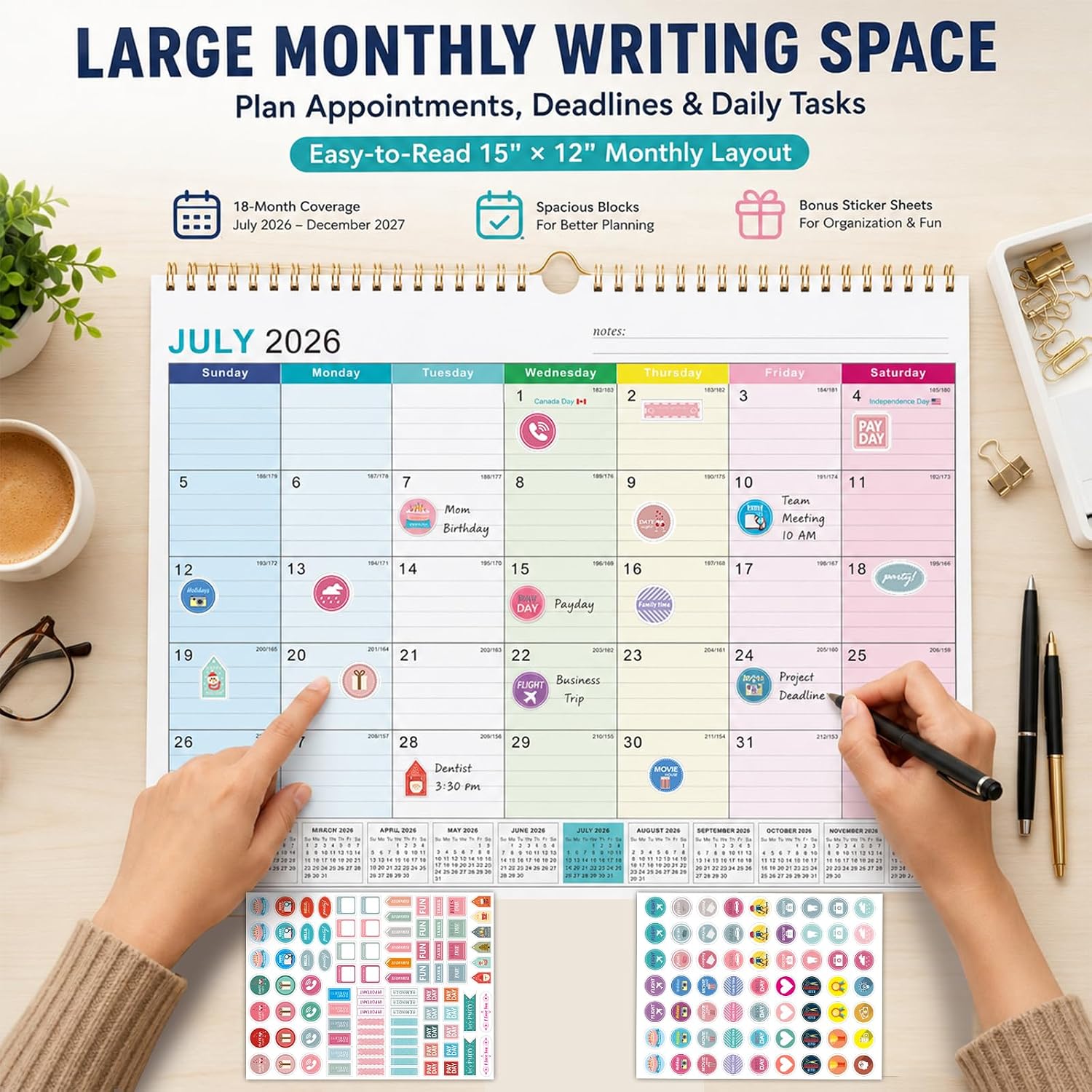 2026 Wall Calendar, 18-Month Calendar Runs from Jun 2026 to Dec 2027, 12" x 15", Large Monthly Calendar with Twin-Wire Binding, Perfect for Home or Office - With 3 stickers image 5