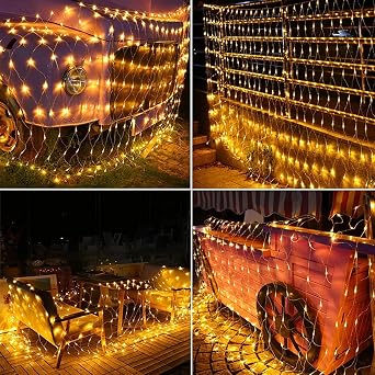 keeda Solar Net Lights Outdoor Mesh Lights 4.9ft x 4.9ft 96 LED Dark Green Cable 8 Modes for Christmas Garden Wedding Party Lawn Bushes Trees Patio Decor (Warm White)