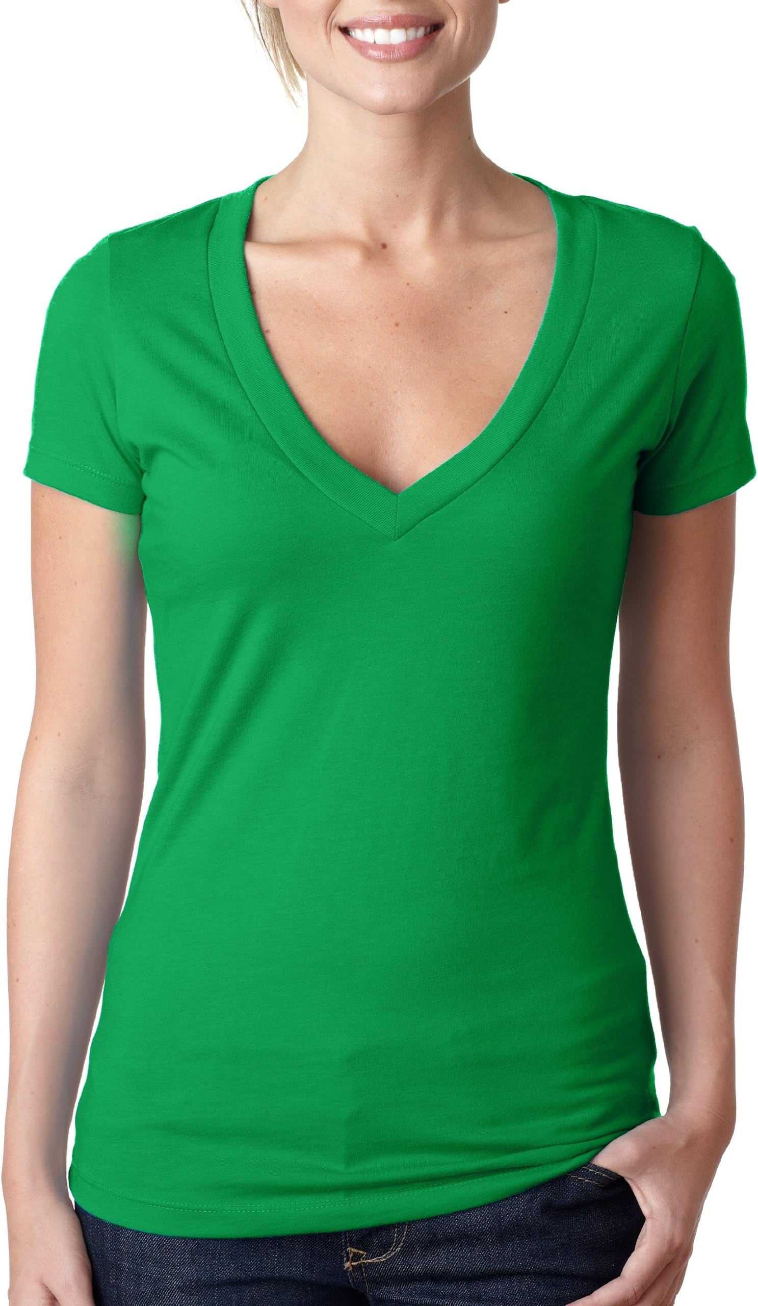 Next Level Apparel Ladies Juniors' CVC Deep V-Neck T-Shirt. 6640 - Medium - Kelly