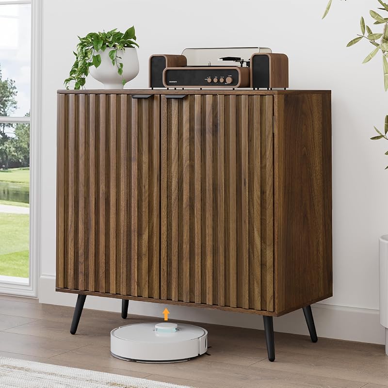 Smuxee Aparador Estriado, Gabinete Buffet Independiente de Nogal con Estante Ajustable, Gabinete de Almacenamiento de Madera para Sala de Estar, Entrada, Pasillo