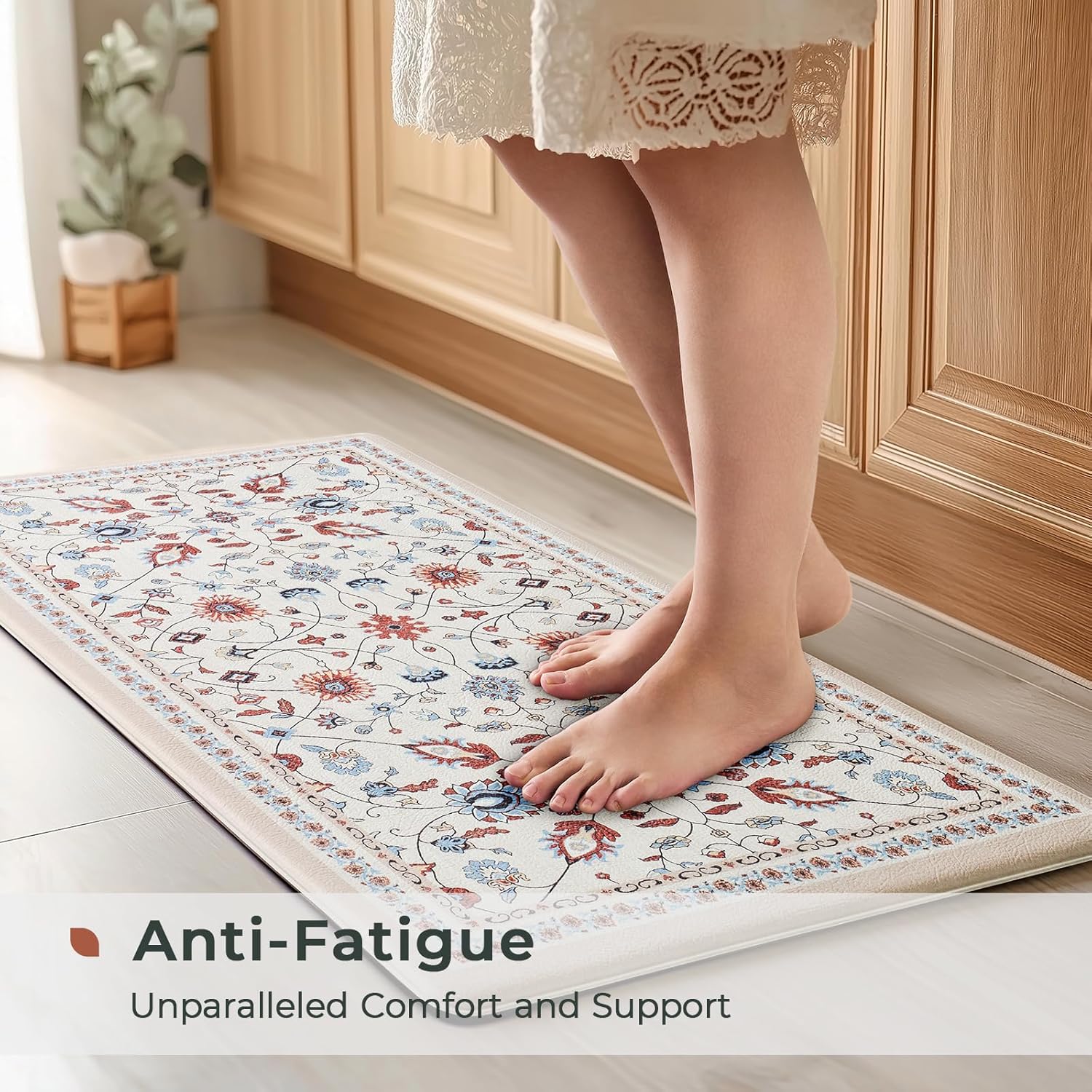 FRESHMINT Anti Fatigue Kitchen Mats for Floor 2 Piece Set, Waterproof & Non-Skid Vintage Floarl Kitchen Rugs, Cushioned Kitchen Mat for Standing Washable Comfort Desk Kitchen Runners, 17x30''+17x47''