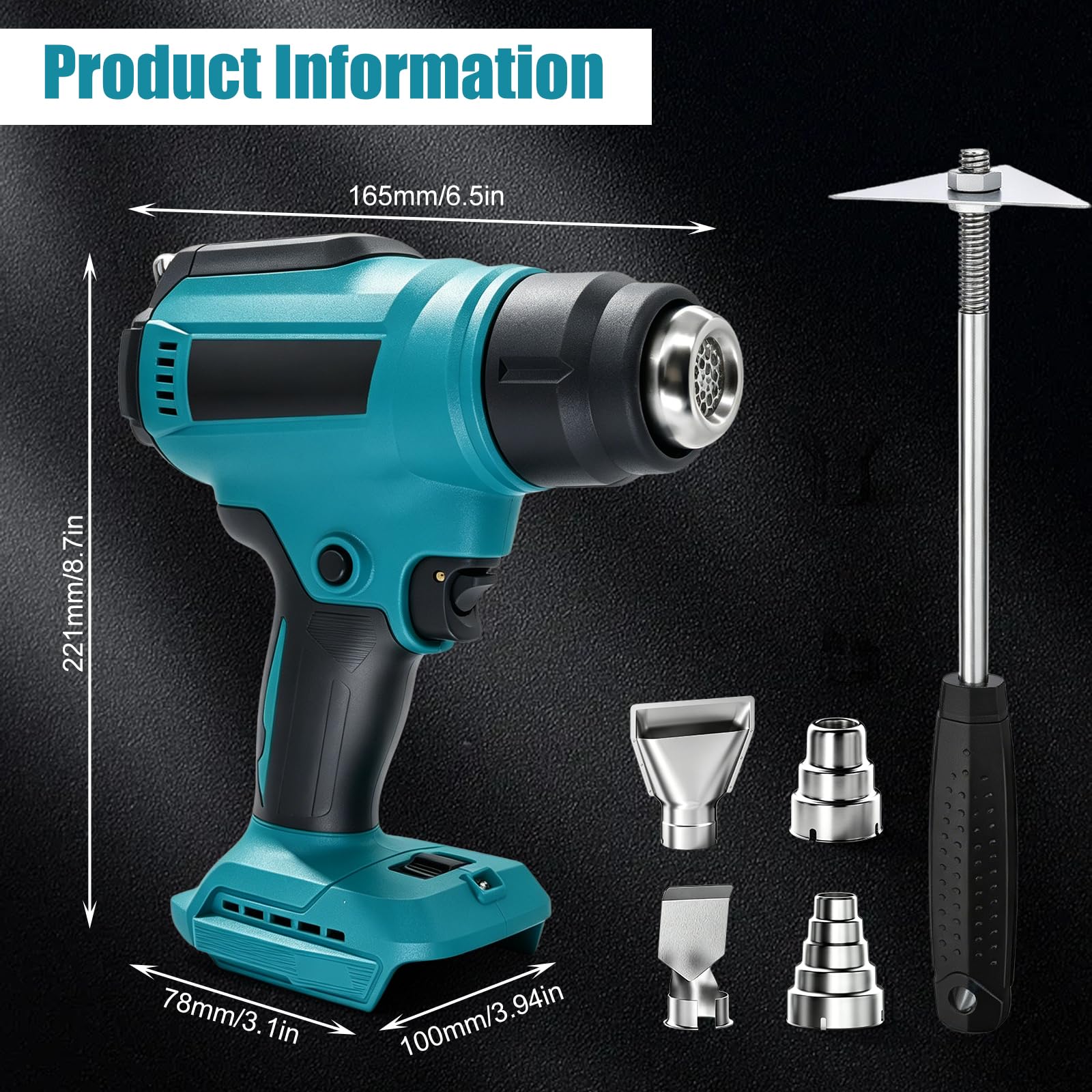 Pistola de aire caliente con batería para 18 V, 50 – 550 °C, ventilador de aire caliente inalámbrico con pantalla LCD y 4 boquillas de acero inoxidable, temperatura ajustable y control de aire