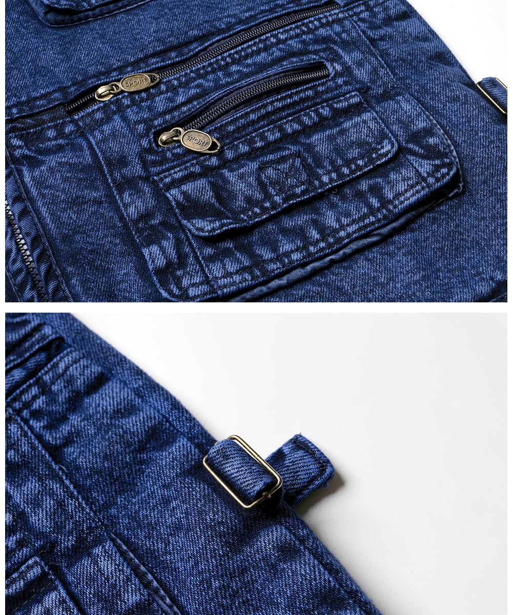 Gilet di Jeans da Uomo Vintage Giubbino di Jeans Smanicato da Moto Giacca Jeans Senza Maniche Multitasche Denim Gilet da Pesca Lavoro Caccia