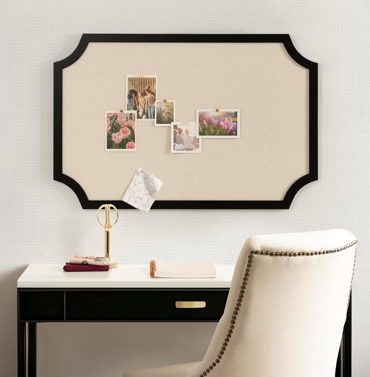 Kate and Laurel Holbrook Glam Framed Scallop Fabric Pinboard, 24 x 36, Black, Decorative Modern Scalloped Bulletin Board for Use as Vision Board or Wall Organization
