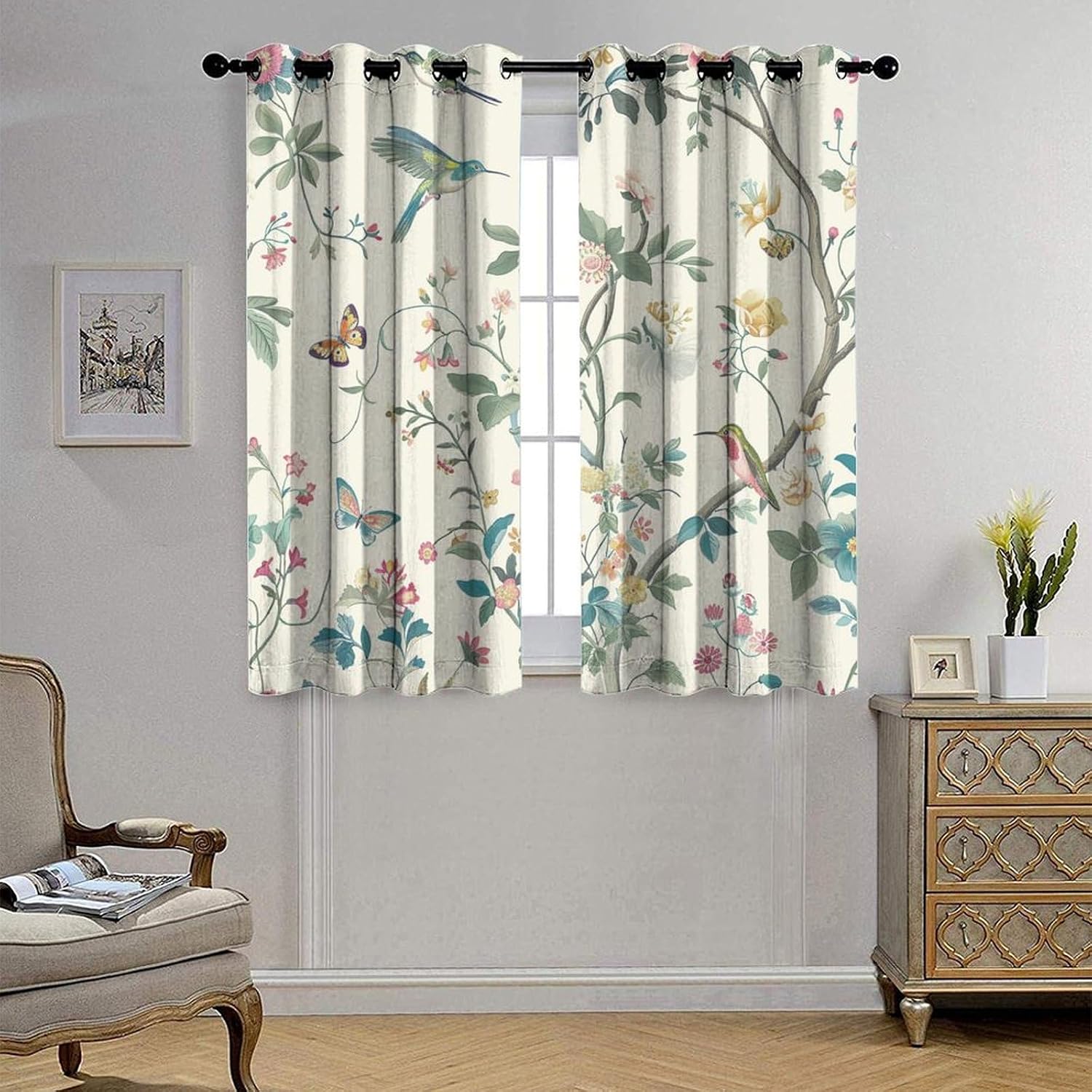 Farmhouse Bird Grommet Blackout Curtains for Bedroom, Rustic Hummingbird Butterfly Floral Thermal Insulated Curtains Room Darkening Window Drapes, 21W x 45L, 2 Panels