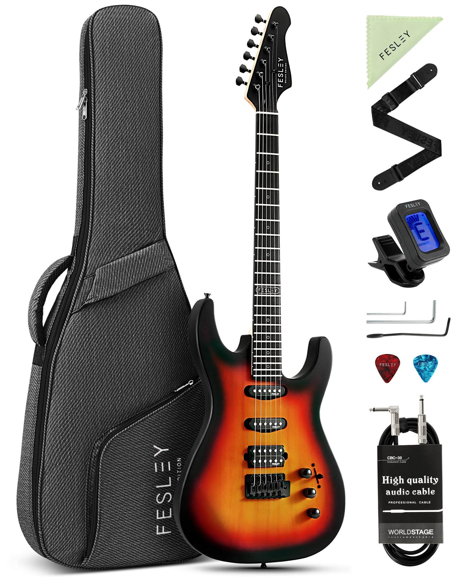 39 inch Electric Guitar, Electric Guitar Kit HSS Pickup Coil Split, Stylish Poplar Solid Body Electric Guitar for Beginner, Maple Neck, ST Style 6 String Guitar with Gig Bag, FST400M, Sunburst