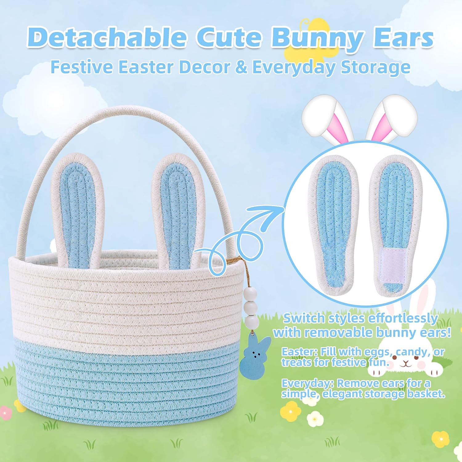 Easter Baskets for Kids, Blue Small Personalized Bunny Easter Basket Empty with Handle, Basket Tags, Woven Rope Egg Easter Baskets for Boys Girls Babies Toddler Infant, 9" x 9" x 6.3"