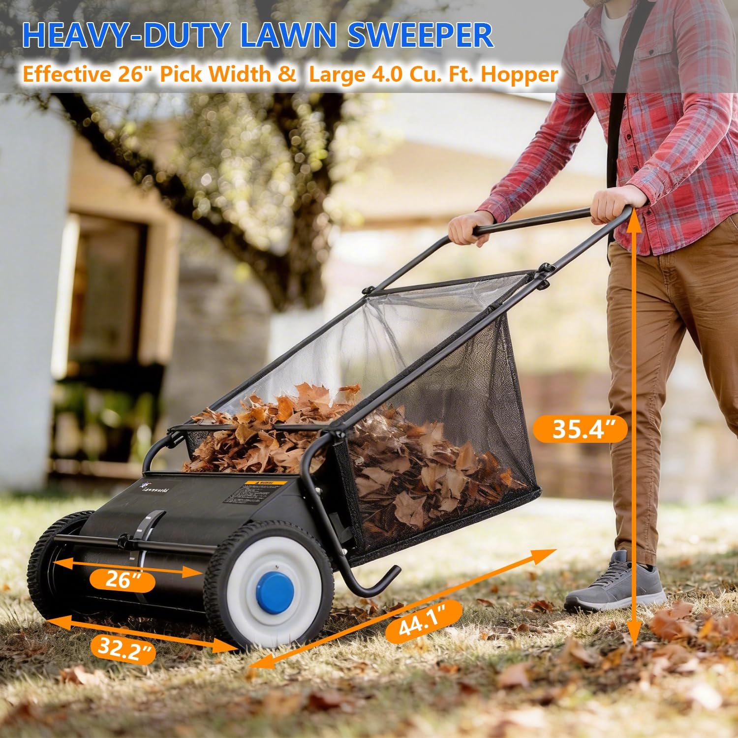 Lawn Sweeper, Manual Push Lawn Sweeper for Leaves & Grass Clippings, Yard Sweeper with Adjustable Brush Height and Collection Bag for Lawn Garden Cleanup